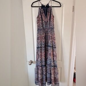 Joie Pink and Blue Ruffled Halter Maxi Dress 100 silk  size 0